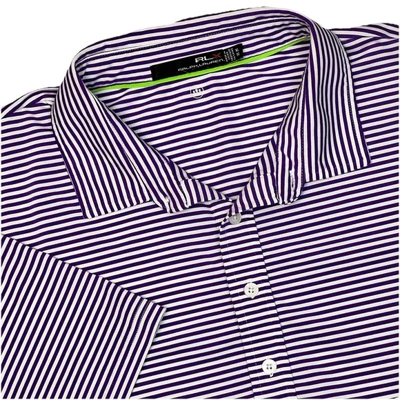 RLX Ralph Lauren Mens XL Purple/White Striped Wicking Lightweight Golf Polo