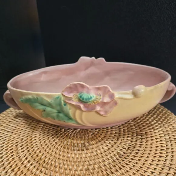 Vintage Roseville Poppy Center Console Bowl Blush Pink & Yellow 1930s