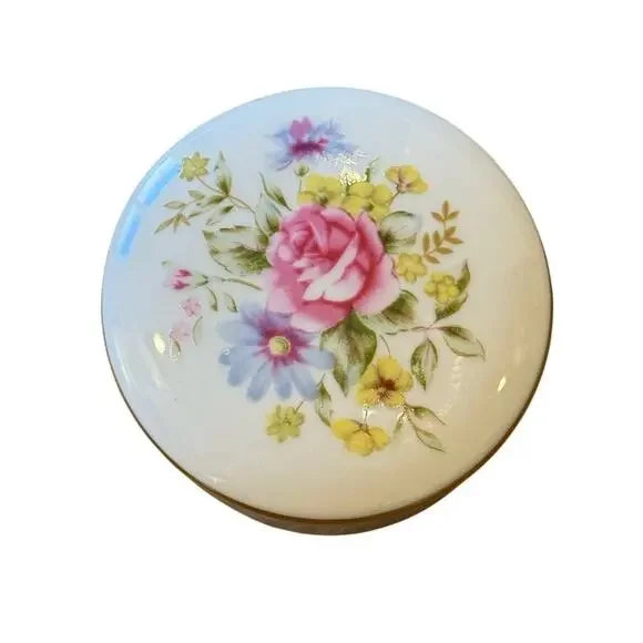 W. Rice Floral Porcelain Trinket Box with Lid Vintage Gold Rim Coquette