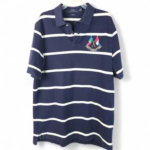 Polo Ralph Lauren Shirt Mens Medium Cross Flags Classic Fit Navy Blue Striped