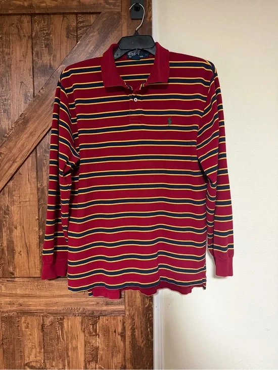 90’s Men Polo Ralph Lauren Striped Long Sleeve Rugby Shirt with Logo XL