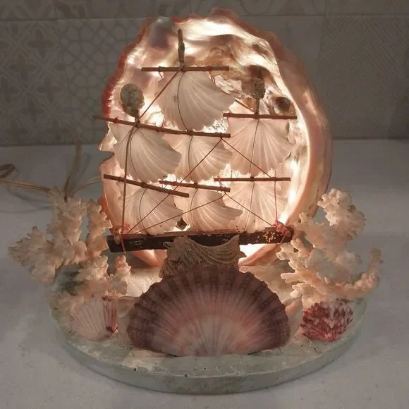 Vintage Abalone Shell Sailboat Lamp Handmade Nautical Coastal Coral Light Decor