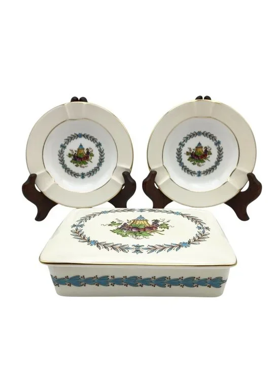 Wedgwood Appledore 3 Pc Cigarette Box Ashtray Set Bone China Gold Trim