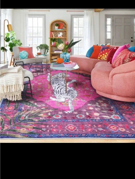 Vibrant Pink Floral Area Rug with White Tiger Motif
