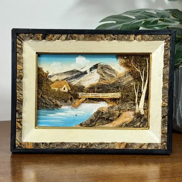 Vintage Japanese Bark Art Shadow Box Mountain Landscape 3D Wall Hanging Japan