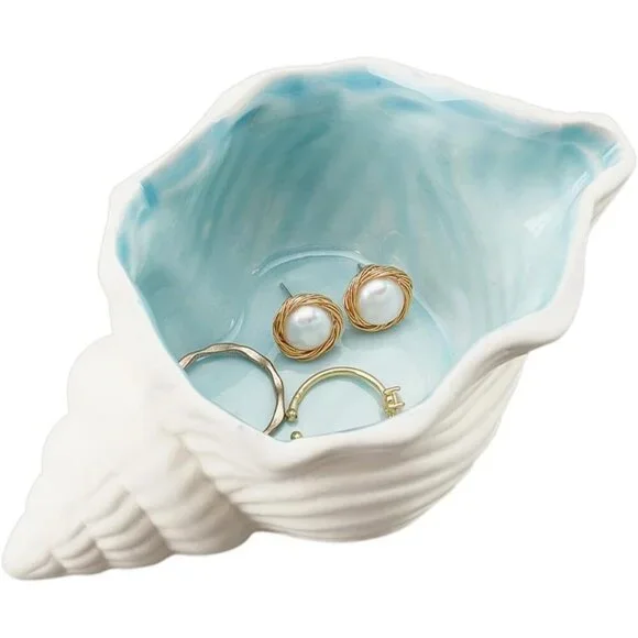 Conch Shape Ceramic Jewelry Tray Aqua Shell Dish Ceramic Ring Earring Holder