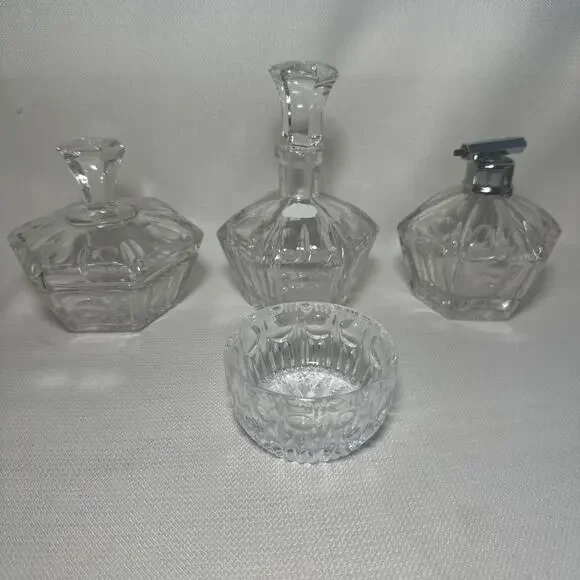 4 Pc Vintage Crystal Vanity Set Art Deco Bowl Bottle Decanter Starburst