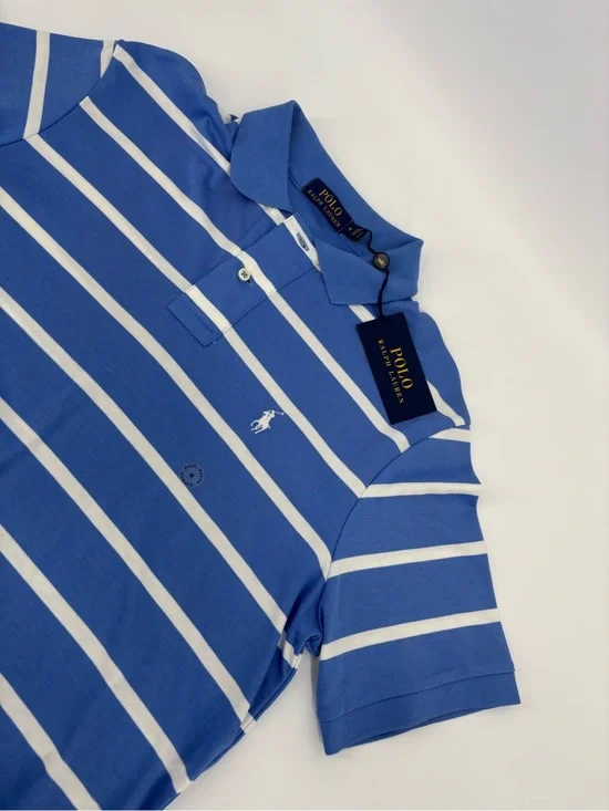NWT Polo Ralph Lauren Shirt Mens Medium Classic Fit Blue White Striped Interlock