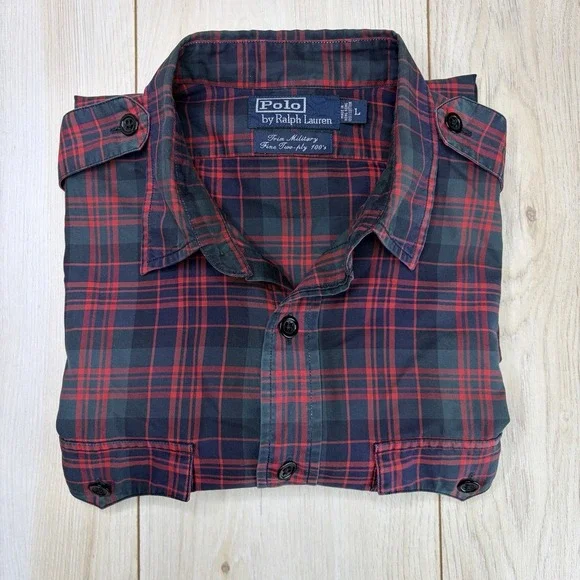 Polo By Ralph Lauren Trim Military Fine 2-ply 100s Plaid Button Up Shirt Mens L