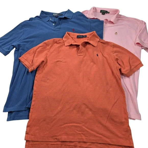 Ralph Lauren Polo Shirt Mens 2XL Lot 3 Solid Cotton Logo Blue Pink Orange Knit
