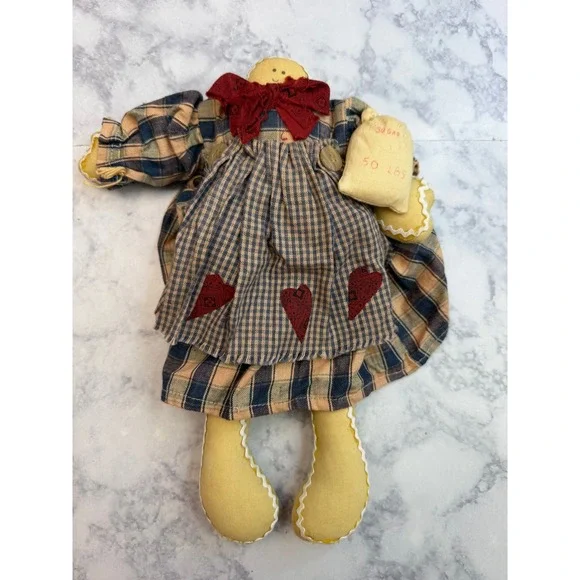 Primitive Cloth Doll Shelf Sitter Plaid Dress Country Farmhouse Folk Art 10in