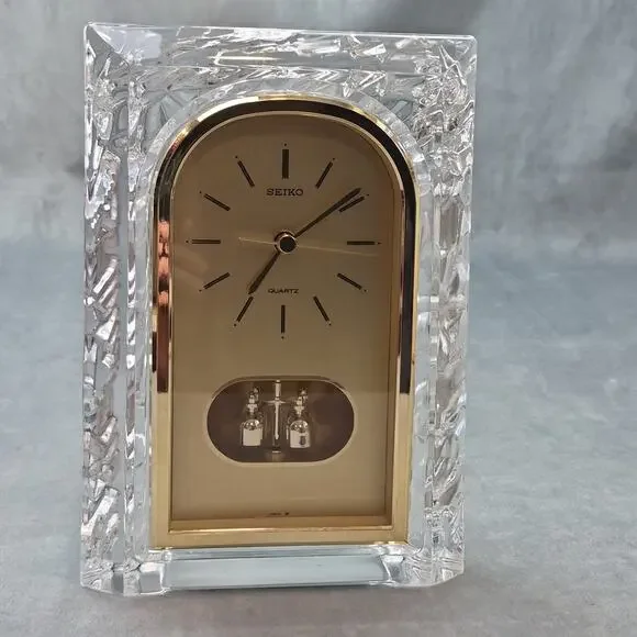 Vintage Seiko Cut Glass Quartz Lead Crystal Desk Clock w/ Pendulum QQZ127S Japan