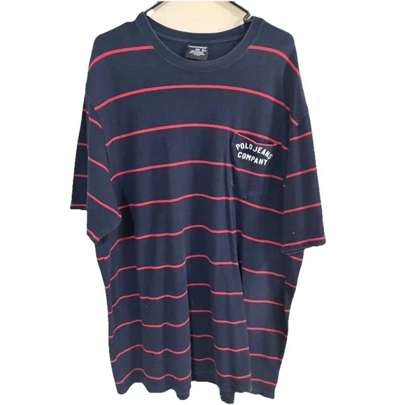 Men's Vintage 90's Polo Jeans Ralph Lauren Short Sleeve Pocket Striped Shirt 2XL