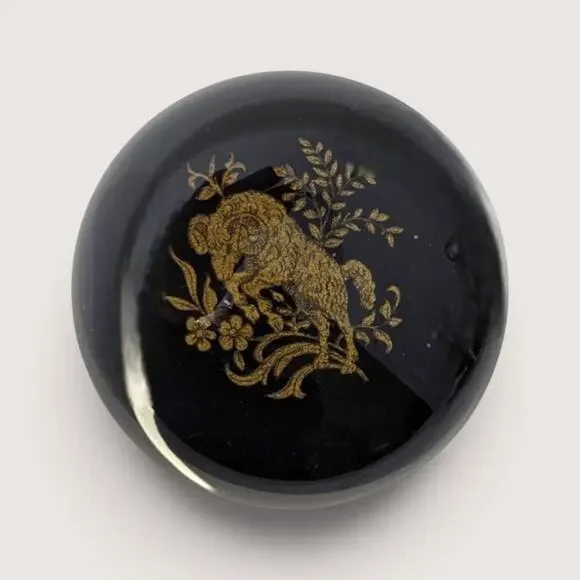Vintage Chokin Style Gold Ram Lacquerware Glass Dome Paperweight