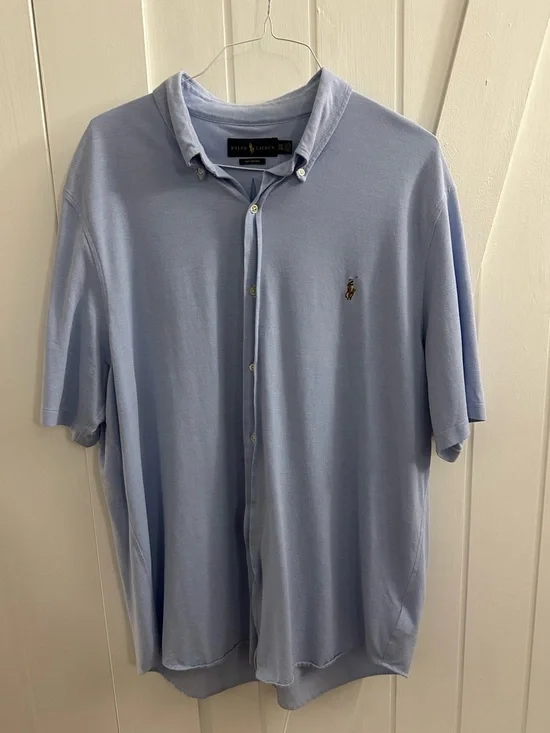 Ralph Lauren Pale Blue Short-Sleeve Knit Oxford Button Polo - Size XXL