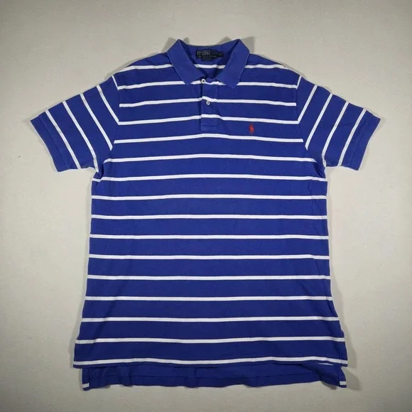 Vintage‎ Polo Ralph Lauren Shirt Short Sleeve Collared Blue And White Stripe