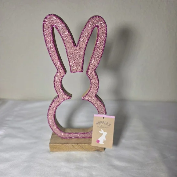 Hoppers Lane Pink Beaded Wood Bunny Silhouette Easter Decor Figurine 12 Inch