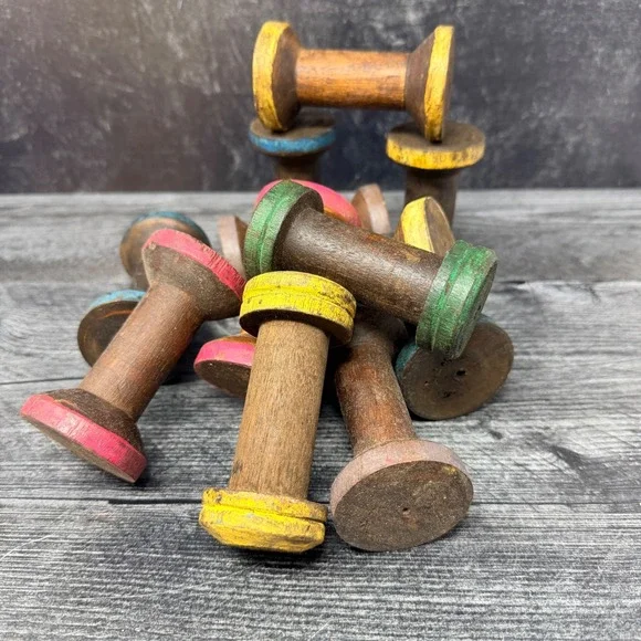Vintage Small Wood Wooden Spool Rustic Textile Bobbin Decor Handmade 3.5