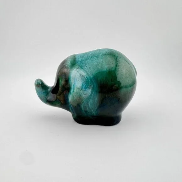 Vintage Blue Mountain Art Pottery Baby Elephant Figurine Green Glaze