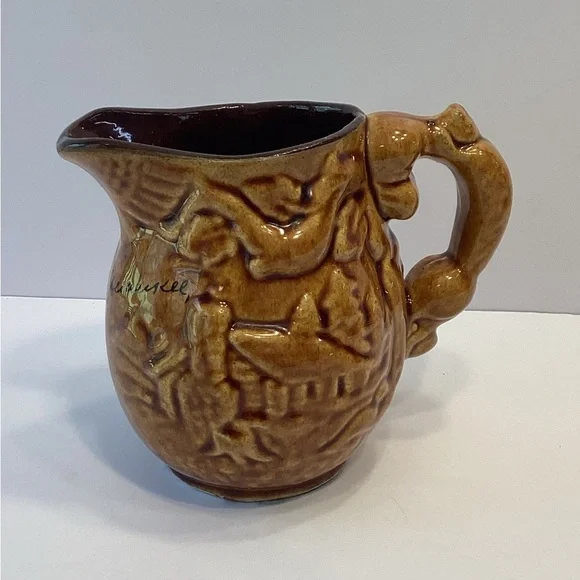 Vintage Canada Brown Glaze Stoneware Pottery Pitcher Syrup Jug Souvenir Lake  NH