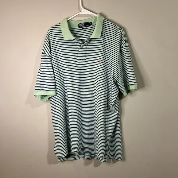 Polo Ralph Lauren T-Shirt Collar Blue‎ Green Striped Men Sz XL Horse Logo