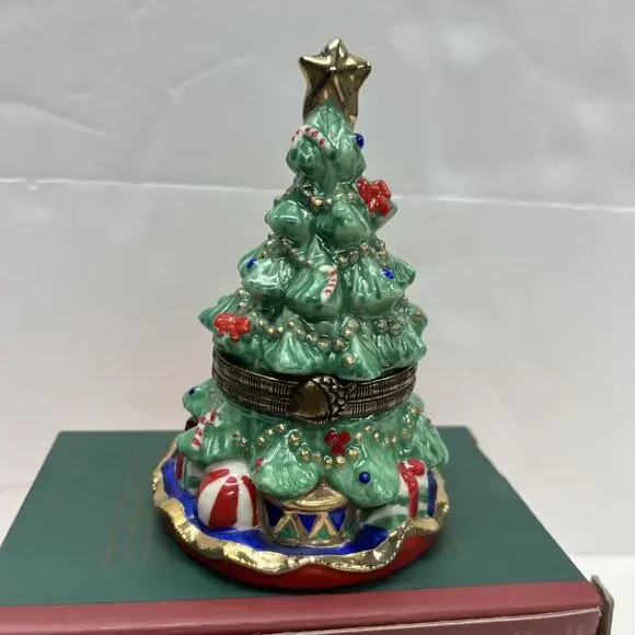 Christmas Tree Hinged Trinket Box Ceramic w/ Metal Closure Star Gifts