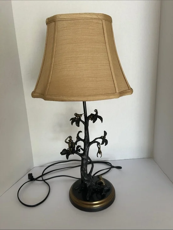 Bronze Monkey Table Lamp with Tan Shade