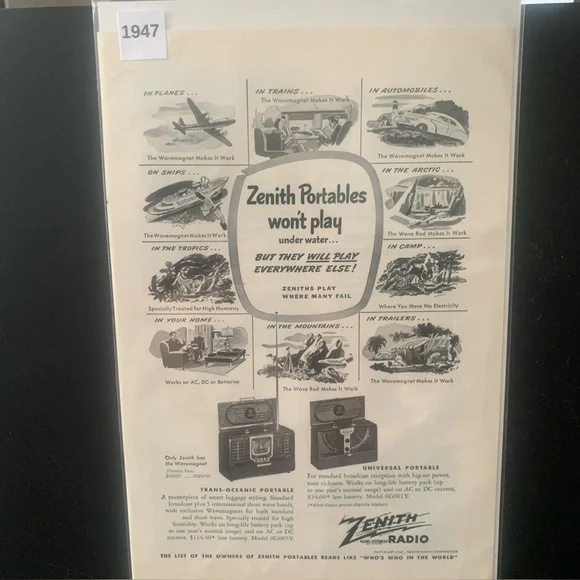 Vintage 1947 Zenith Radio Portables Won't Play Under Water Ad Advertisement