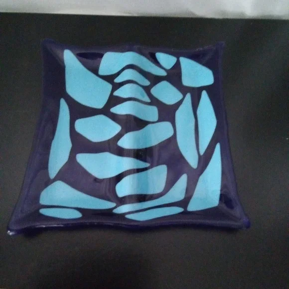 Artisan Fused Glass Square Decorative Bowl Cobalt Blue Turquoise Abstract Mosaic