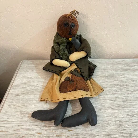 Stuffed Pumpkin Head Doll Holding Crow Fall Decor Halloween Vintage Primitive
