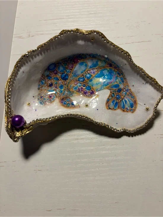 Handmade decoupage stain glass manatee oyster shell trinket dish
