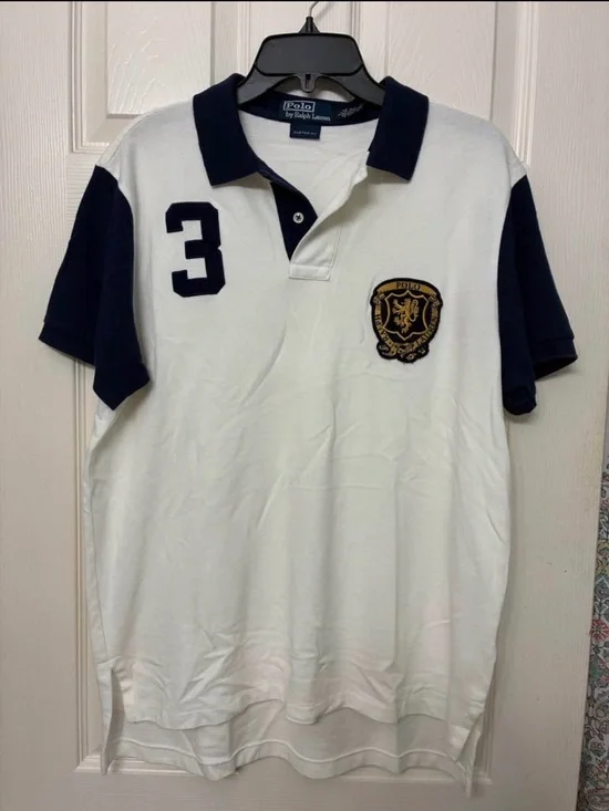 Ralph Lauren White and Navy Short-Sleeve Polo with Crest