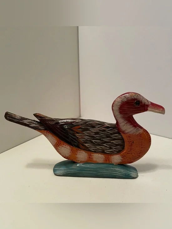 Vintage Hand Painted Lacquered Duck Figurine Lightweight Wood Flat Profile