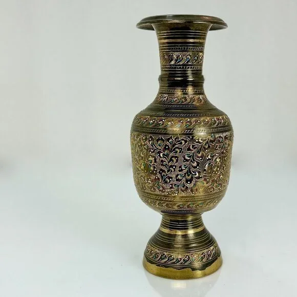 Vintage India Brass Bud Vase | Hand Engraved Floral Design