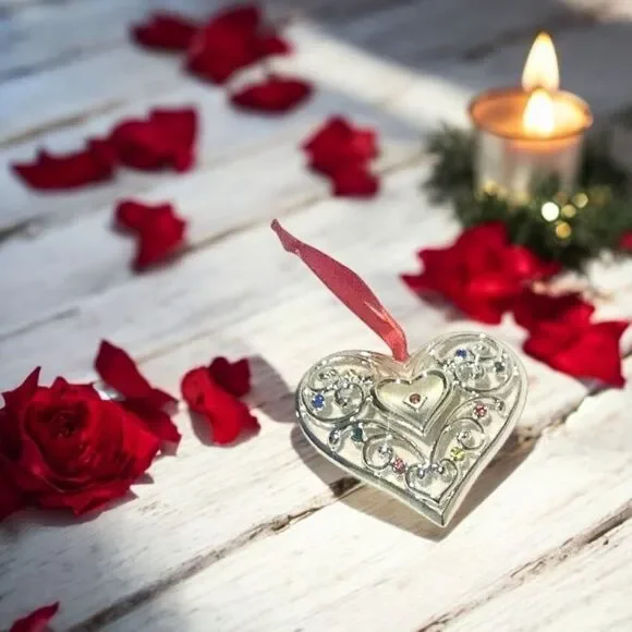 Lenox Sparkle And Scroll Multi-Crystal Heart Ornament Silverplate