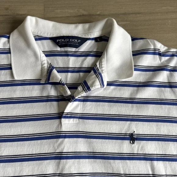 Ralph Lauren Polo Golf Cotton Shirt Men's L White‎ Blue Stripe Short Sleeve