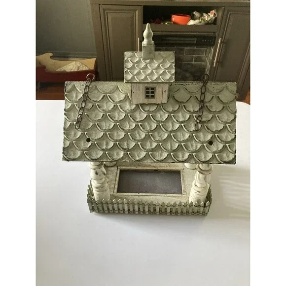 Rustic Birdhouse Tower Farmhouse Fenced Sage Cream Good Condition Wood