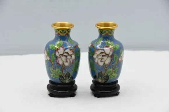 Miniature Chinese Cloisonne Urn Vase on Stands, Set of 2