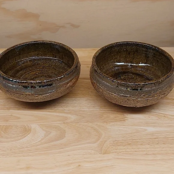 Signed Raku? POTTERY BOWLS BROWN UNUSED SET OF 2