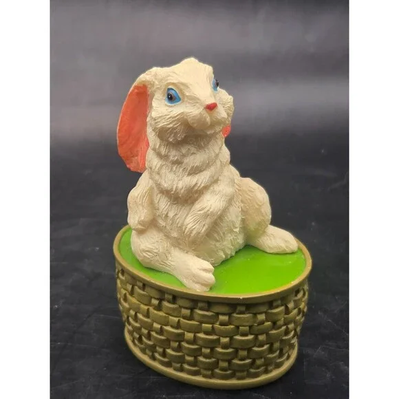 Vintage Bunny Rabbit On Top of a Basket Trinket Box Figurine White Rabbit