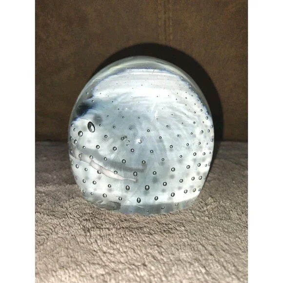 Vintage Controlled Bubble Art Glass Paperweight White & Smoky Black Swirl 3.5