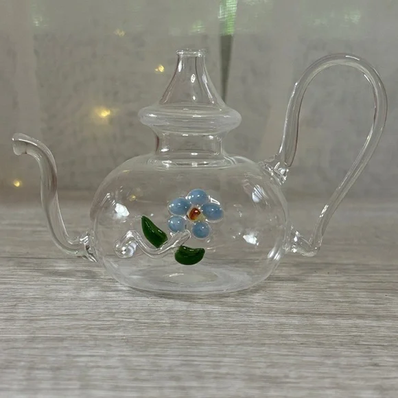 Clear Glass Teapot with Blue Flower Design
