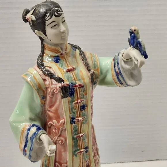 Vintage Chinese Shiwan Porcelain Lady Statue Songbird & Feeding Bowl Figurine
