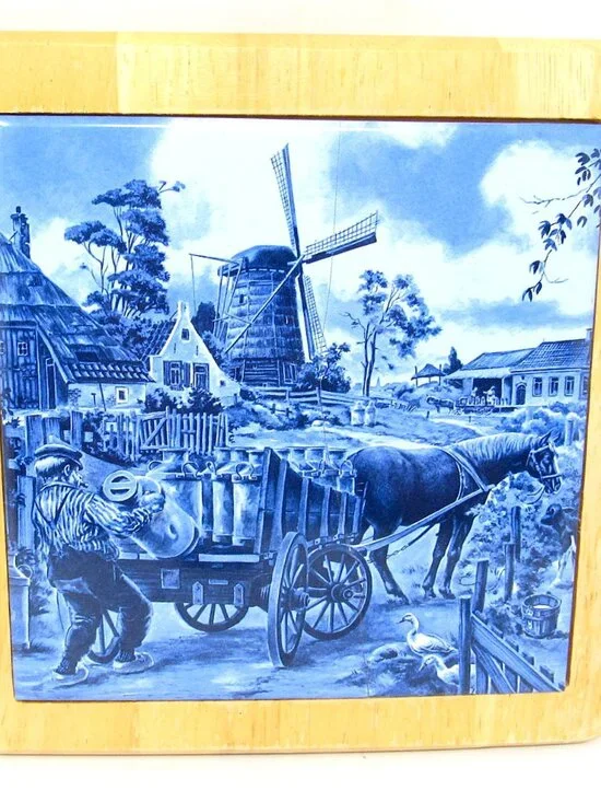Framed Delft Tile Farm Scene Blue White Milk Wagon Ceramic Horse Cart Holland