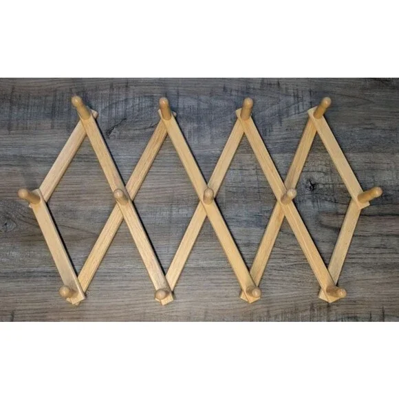 13 Peg Wooden Accordion Hanging Expandable Wall Rack Towel Apron Hat Mug