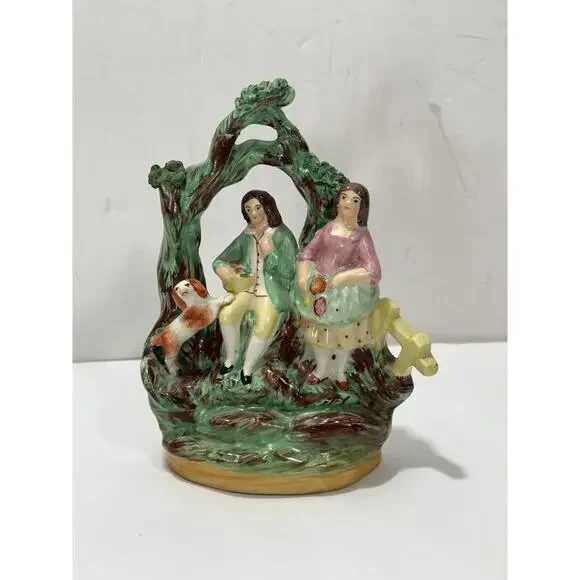 Antique Staffordshire Ceramic Figure Couple With Spaniel‎ Dog RARE REPAIRED