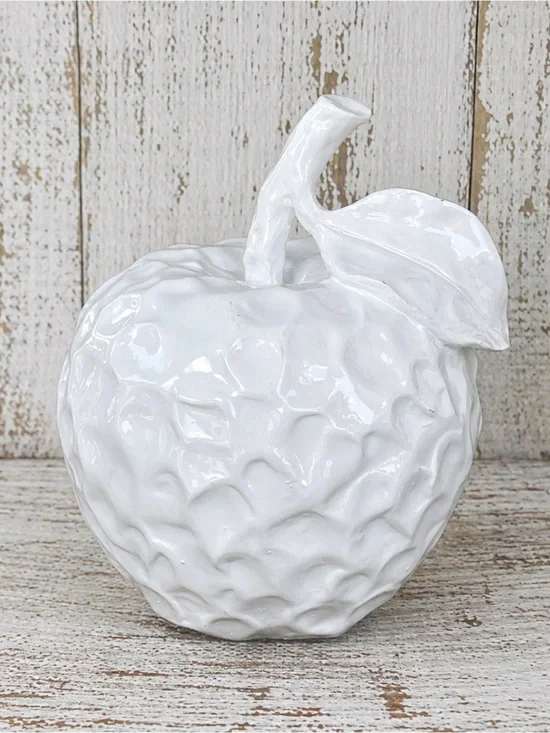 White Apple Stem w/Leaf Ceramic 3D Textured 6” Cottagecore Shabby Chic Farmhouse