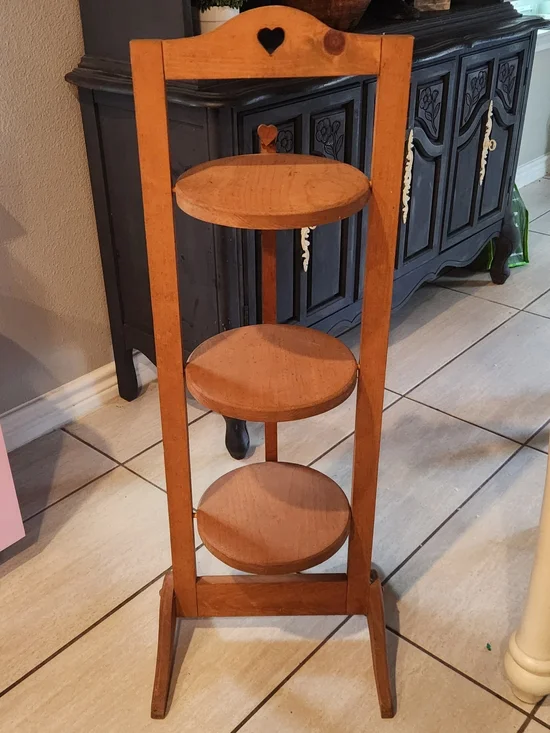 Cottage Core Three-Tier Wooden Pie Stand with Heart Cutout
