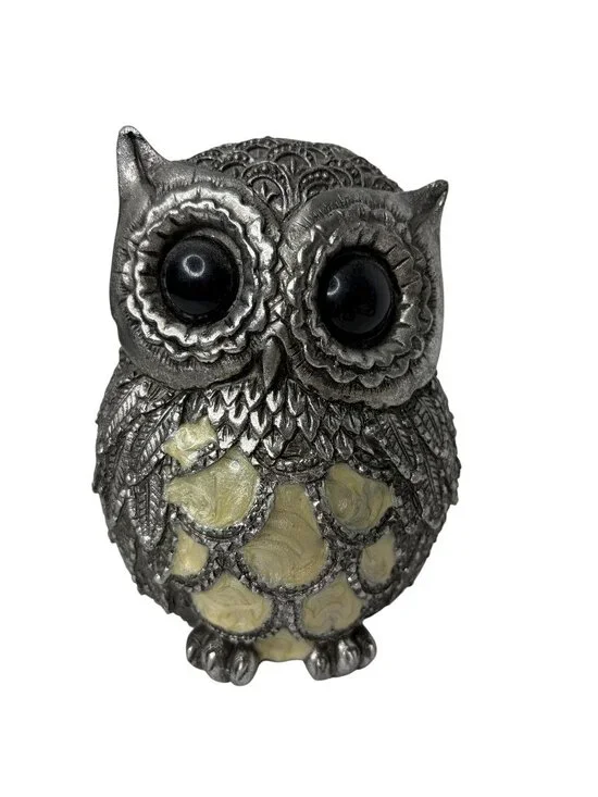 Pewter Finish Owl Figurine Statue Antique Silver Tone Resin Metal Look