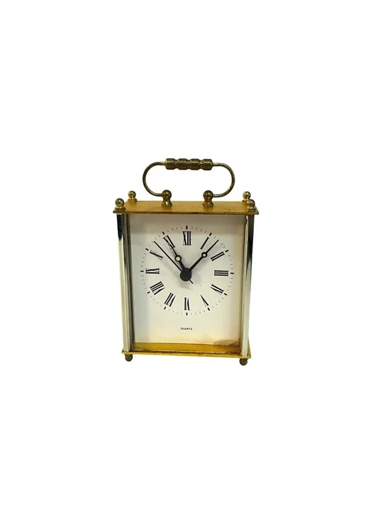 Vintage Gold Tone Quartz Carriage Mini Desk Clock W/ Roman Numerals Works 3.5”